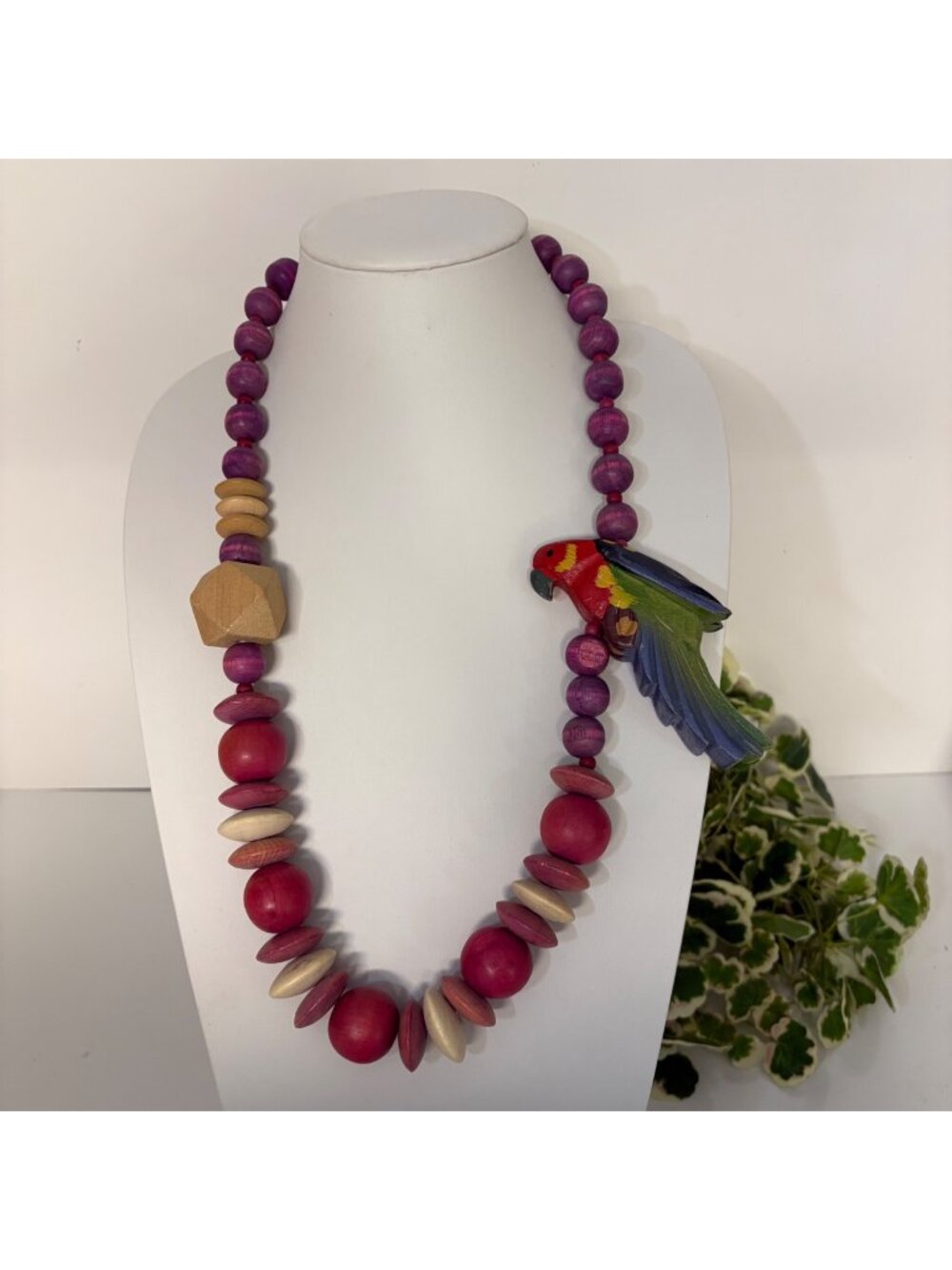 Colorful Wooden Parrot Bird Statement Necklace Handcrafted 31 Inch Boho